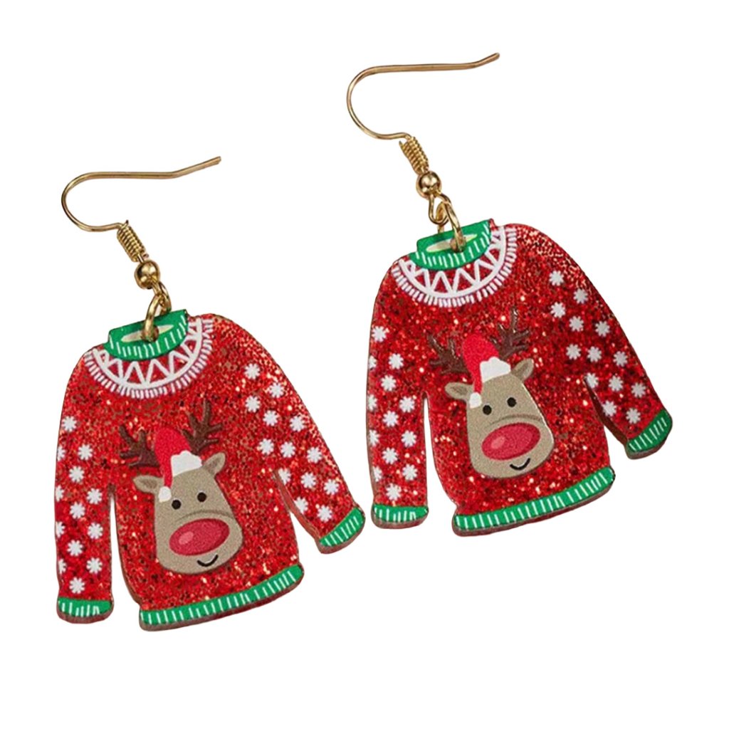 Ugly Sweater Rudolph Red Nose Reindeer Glitter Christmas Earrings Adorable A19s2